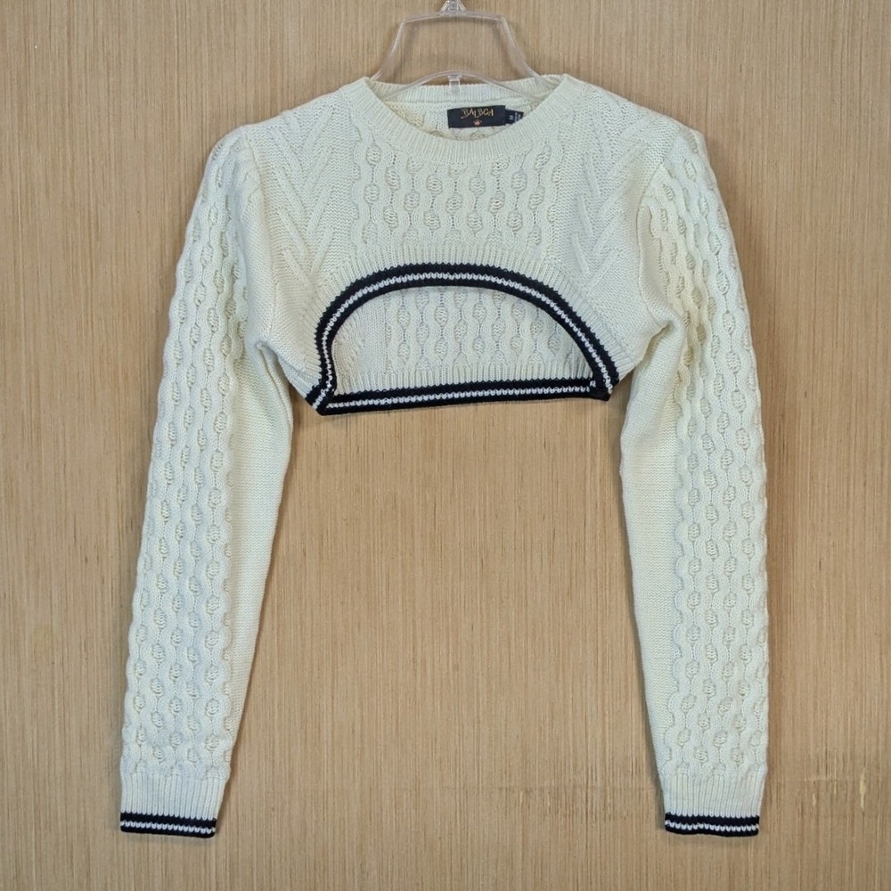 Womens Preppy Tennis Prep Classic Cable Knit Shrug Sweater Medium Cream Striped